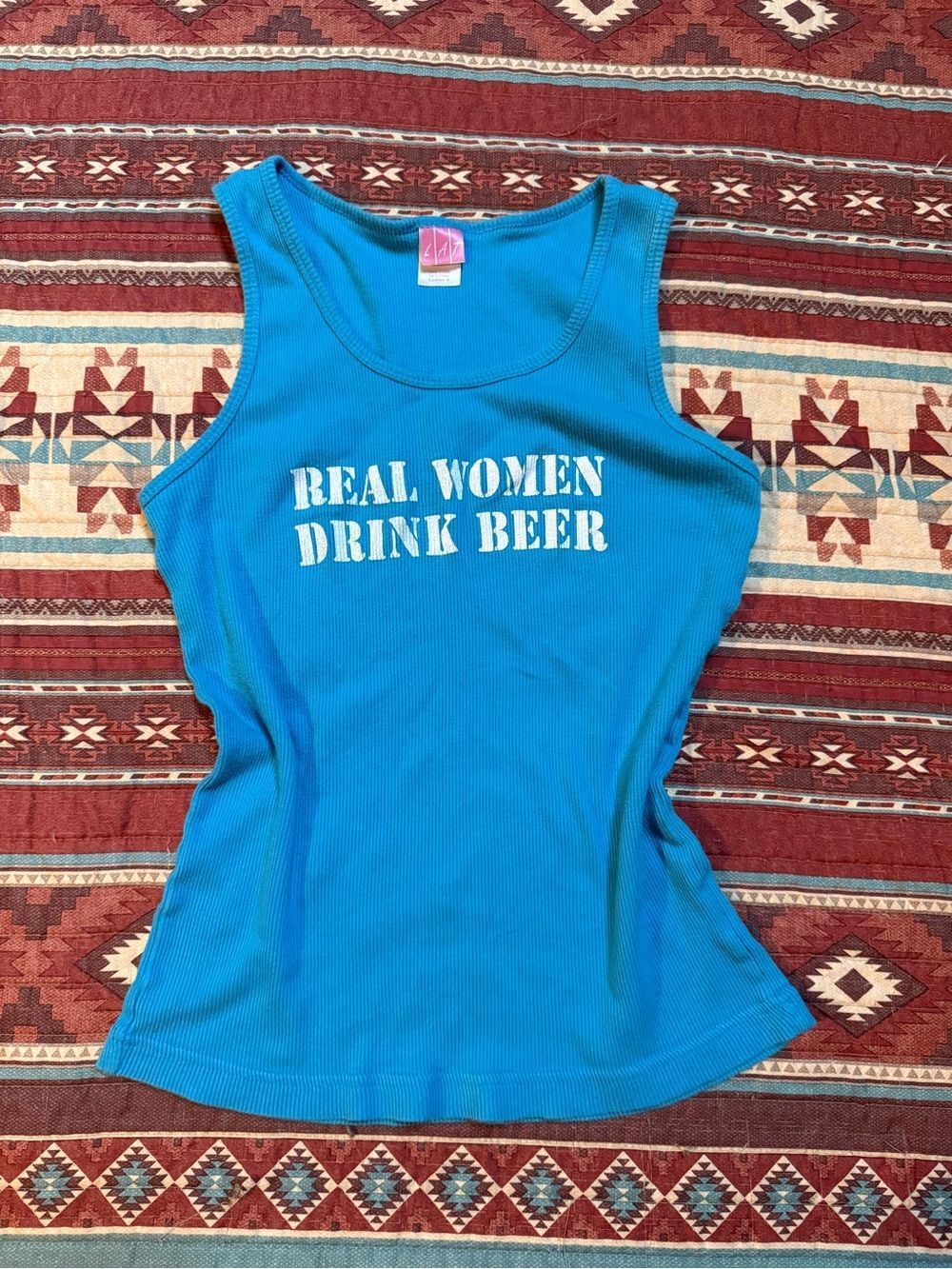 Vintage Blue Ribbed Graphic Tank Top — "Real Women Drink Beer" size small